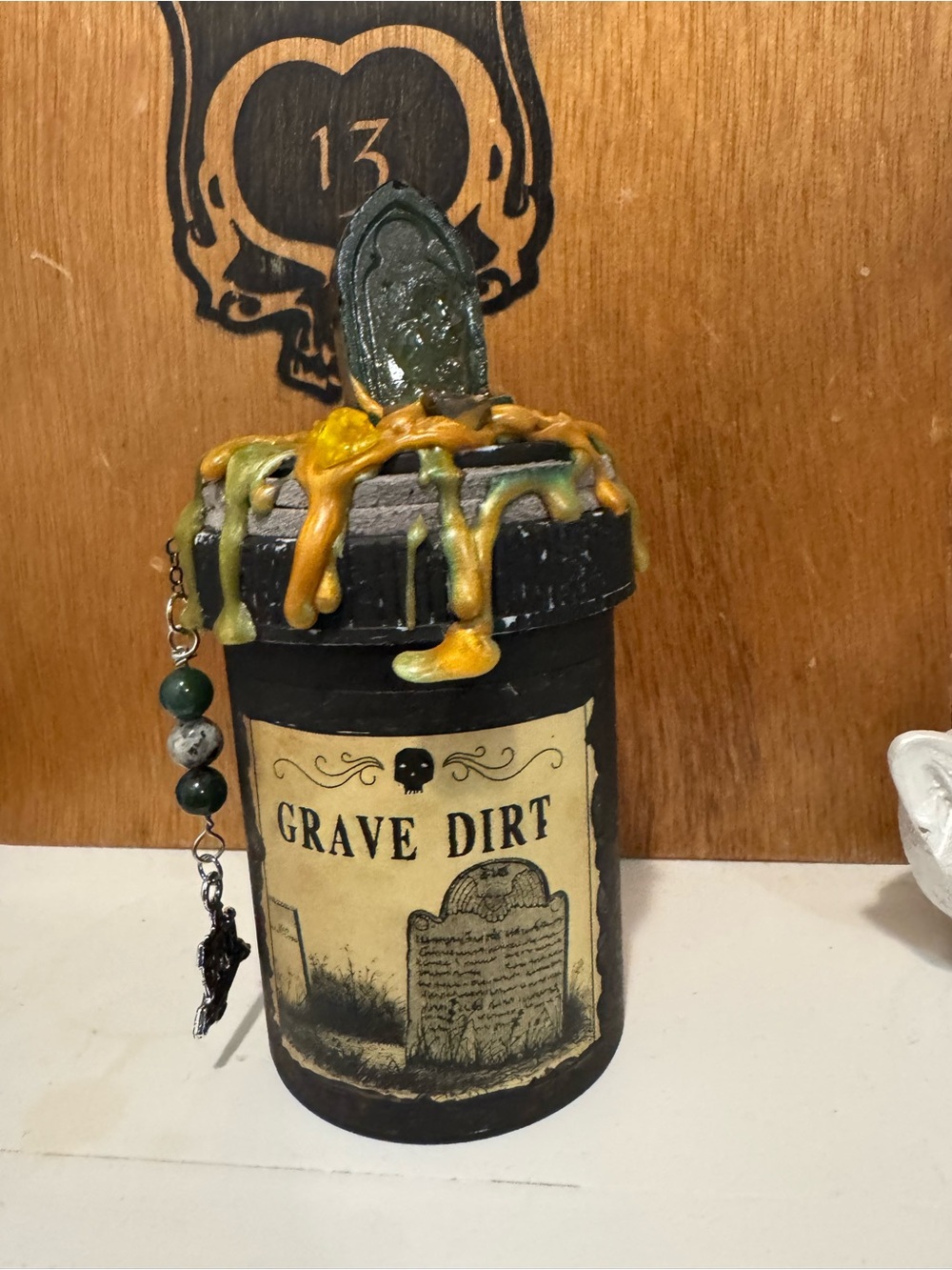 Grave Dirt Decorative Jar with Dripped Wax Lid - gold an green Accents